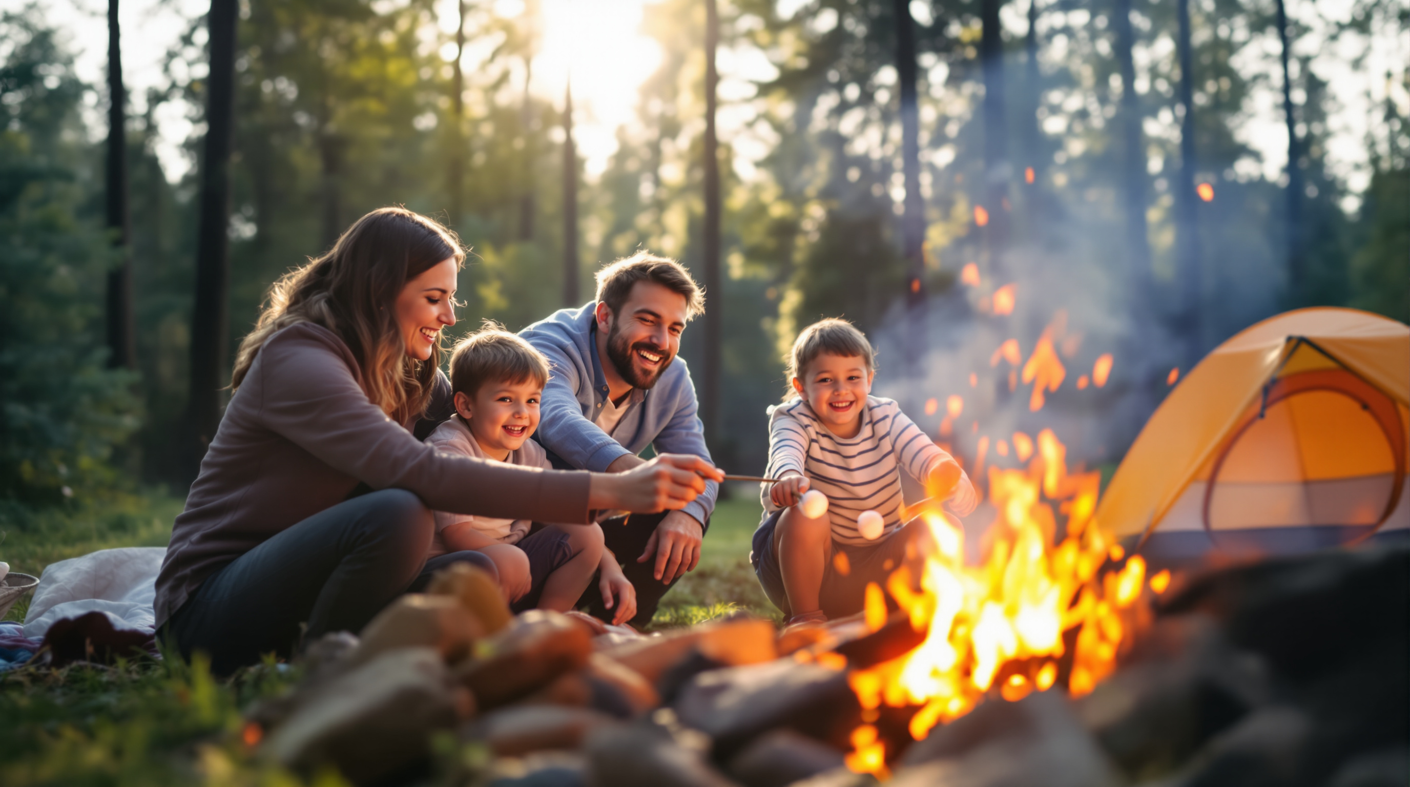 Family camping around campfire